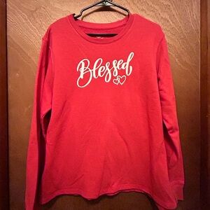 Positive tees - Red Sweatshirt with hearts. Graphic says Blessed. Size Large
